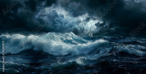 Dark clouds rage  churning waves clash with fury. Lone sailboat battles  rain falls heavy  coastline fades in mist. Nature s raw power unleashed realistic stock photography
