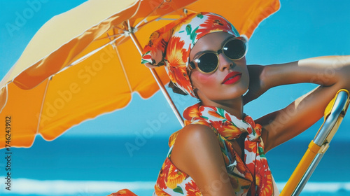 A retro terry cloth playsuit in a bright bold color topped with a tied scarf and oversized sungles lounging on a vintage beach chair with a matching umbrella. photo