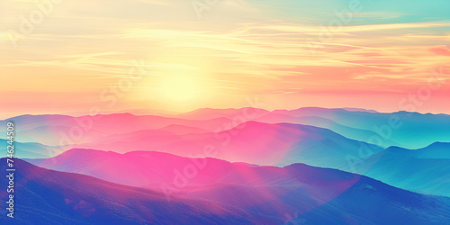 Silhouette, Pastel Dawn Over Rolling Mountain Mist, Serene Mountain Landscape Illustration, beautiful seascape. Colorful sunrise over the sea., Gradient sky background with sunlight