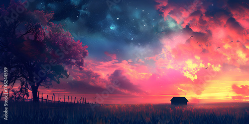 Minimal beautiful silhouette sunset sky with vibrant color and copy space sky background. Illustration graphic design, Colorful Anime Landscape Sunset Field Of Flowers With Trees photo