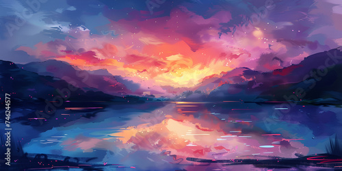 Bright color clouds , Anime night sky with stars above, Vibrant sunset with the sky filled with bright, Vibrant sunset with the sky filled with bright, Mountainous landscape art outdoors painting, 