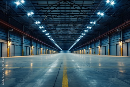 empty warehouse with glowing lights in the background