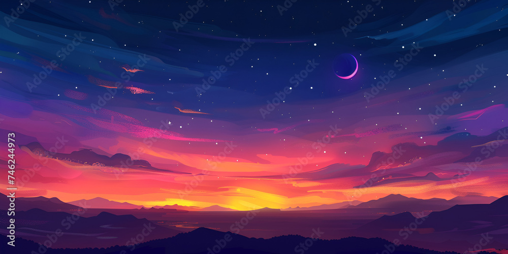 Silhouette ,Colorful sunrise in the mountains. View from the top of the mountain, Dusk, Romantic Sunset Orange Sky twilight in the Evening with colorful purple sunlight and dark blue, majestic ​sky ve