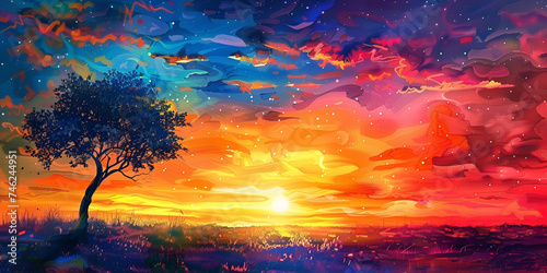 Minimal beautiful silhouette sunset sky with vibrant color and copy space sky background. Illustration graphic design, Colorful Anime Landscape Sunset Field Of Flowers With Trees