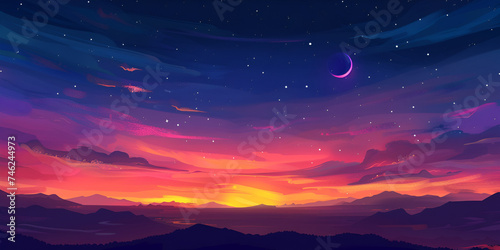 Silhouette ,Colorful sunrise in the mountains. View from the top of the mountain, Dusk, Romantic Sunset Orange Sky twilight in the Evening with colorful purple sunlight and dark blue, majestic ​sky ve