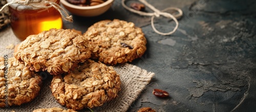 A collection of healthy homemade oatmeal cookies topped with honey, set on a wooden table in a rustic kitchen environment.