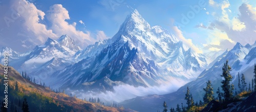 A captivating painting of a majestic mountain range with clouds and trees  showcasing the breathtaking beauty of nature.