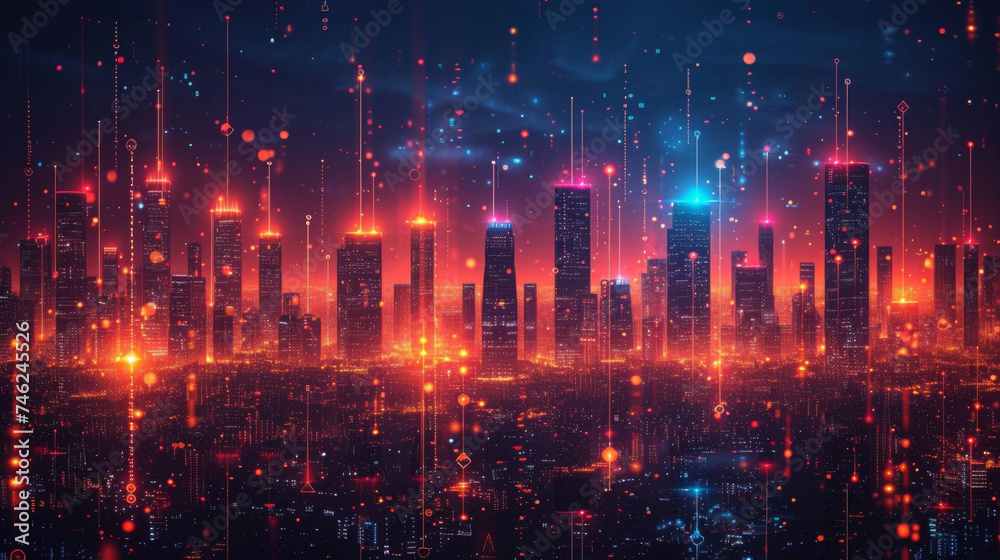 Fototapeta premium A futuristic cityscape representing the insurance claim process with each building representing a different stage in the flow. From the initial reporting of the claim to its