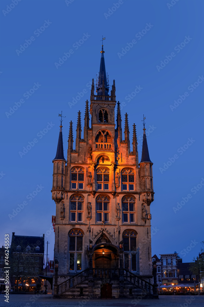 Fototapeta premium A scenic view of Stadhuis van Gouda, is old City Hall of Gouda in the Netherlands during nighttime