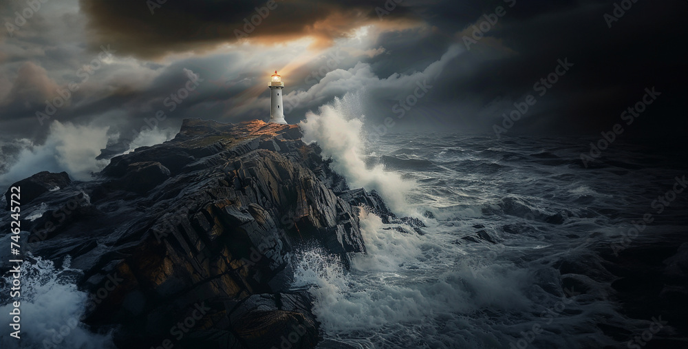 Dramatic Coastline Storm wreaks havoc, waves crash, wind howls. Lighthouse stands tall, beam pierces darkness, hope amidst the fury realistic stock photography