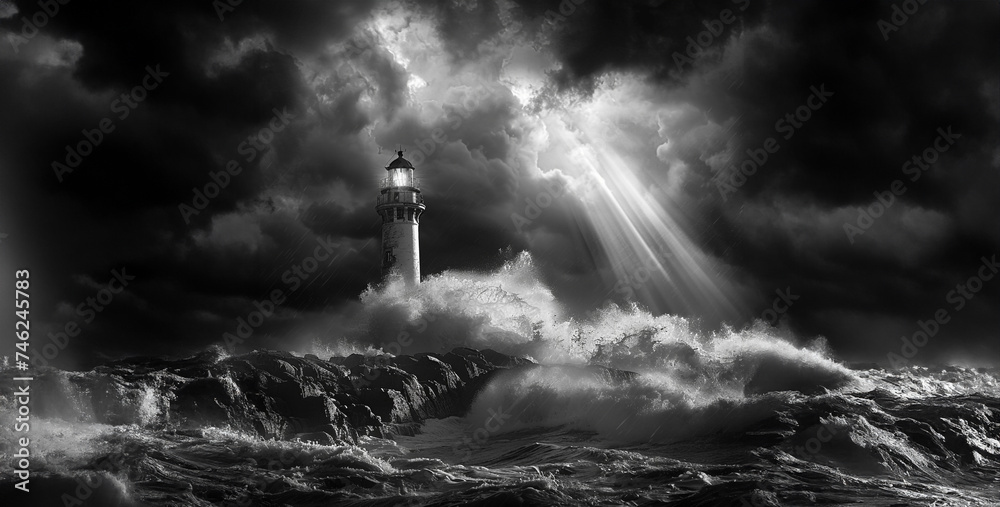 Dramatic Coastline Storm wreaks havoc, waves crash, wind howls. Lighthouse stands tall, beam pierces darkness, hope amidst the fury realistic stock photography - obrazy, fototapety, plakaty 