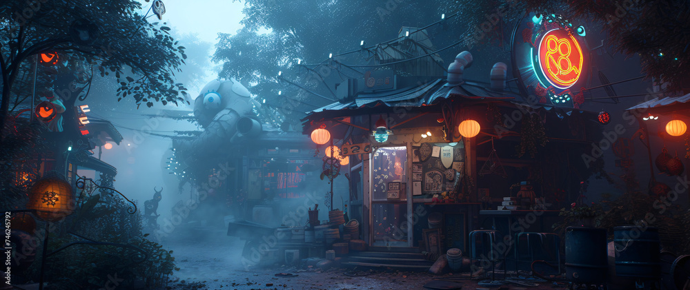 Mystical Nighttime Street Scene with Neon Signs, Halloween Decorations, and Foggy Atmosphere: A High-Quality Stock Image Capturing the Essence of Spooky Celebrations