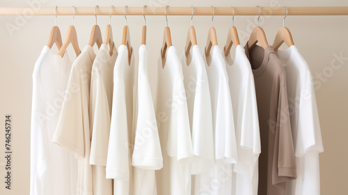 Minimalist Wardrobe with Neutral Colored Clothing on Wooden Hangers. Simple and Elegant Fashion Concept © AspctStyle