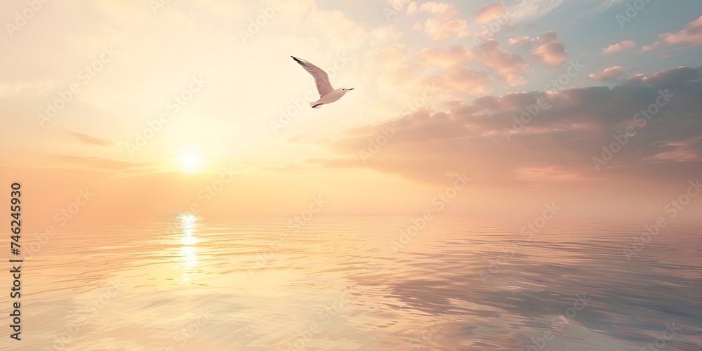 sunset over the sea, sunset over the sea and bird is flying, 