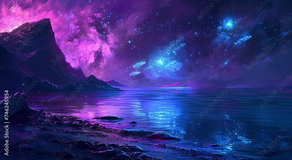 Mystical Night Sky: A Vibrant Cosmic Display of Stars, Nebulae, and Galaxies Over a Tranquil Mountain Lake Landscape - A High-Quality Astronomy Artistry Perfect for Space Enthusiasts