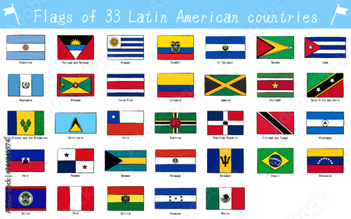世界の国旗　中南米の33か国セット、手描き風