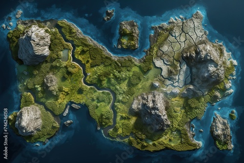 Aerial View of a Lush Fantasy Island Archipelago. 