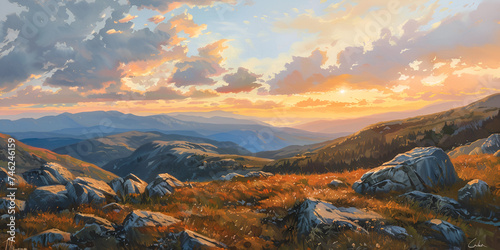 sunrise in the mountains ,Autumn Sunset Hype realistic Watercolor Painting Of Scottish Landscape, Stunning Panoramic View From A Mountaintop Lookout © Shakir