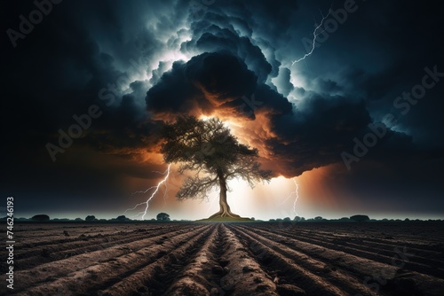 Intense Lightning Bolt Striking Over Farmland. 