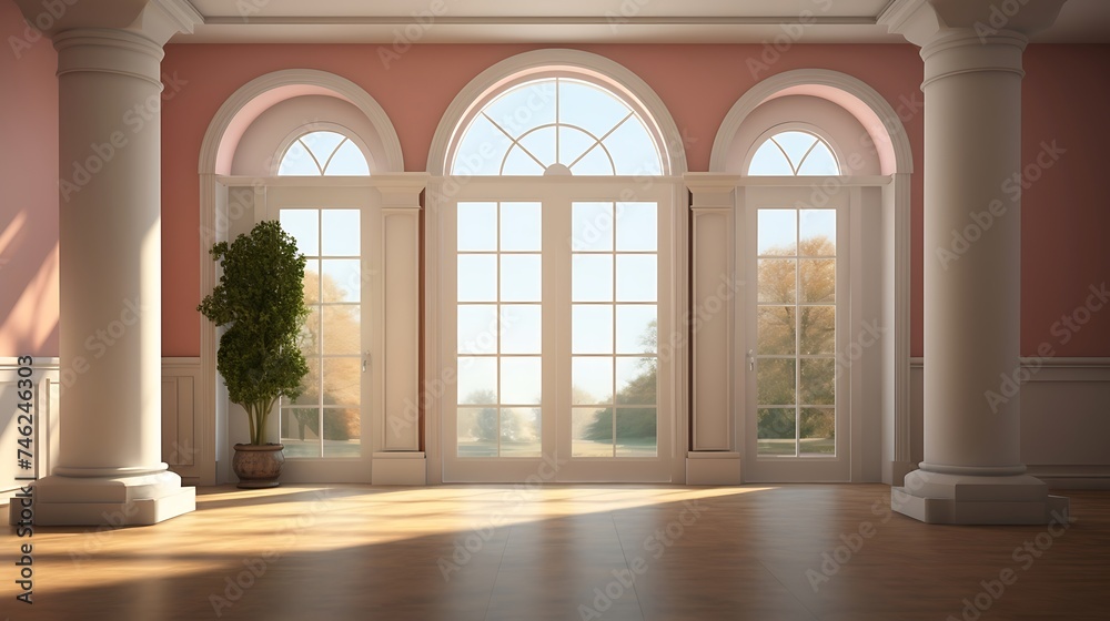 Entry way with arched window and columns