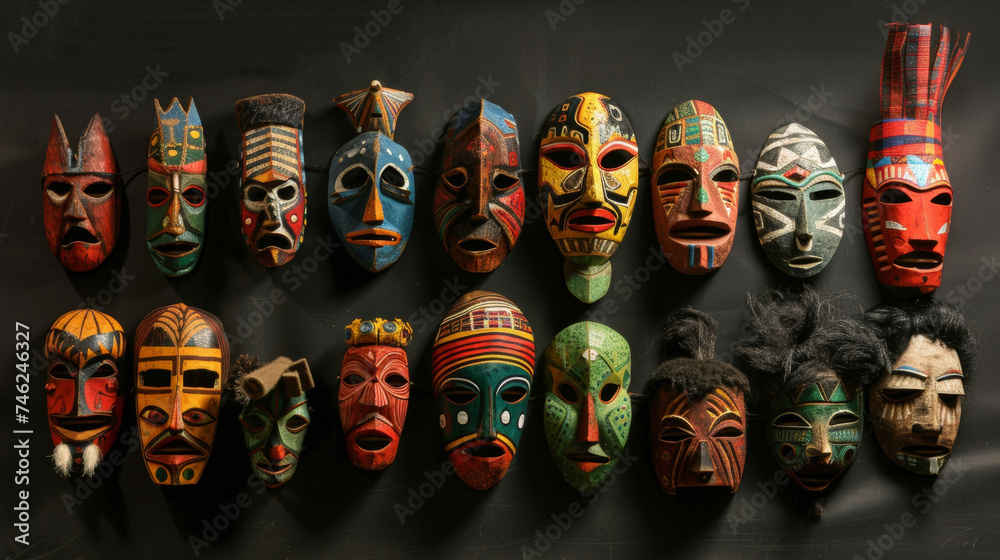 A collection of handmade decorative masks and puppets representing the rich cultural traditions and influences present in Carnival celebrations around the world. A collection of handmade decorative masks and puppets representing the rich cultural traditions and influences present in Carnival celebrations around the world.