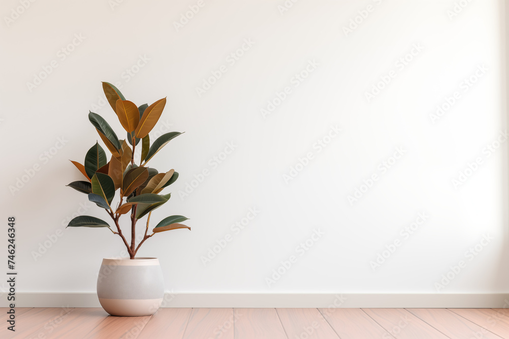 A potted plant adds a touch of nature to a home's interior Ficus in a pot on a white wall background. 3d render