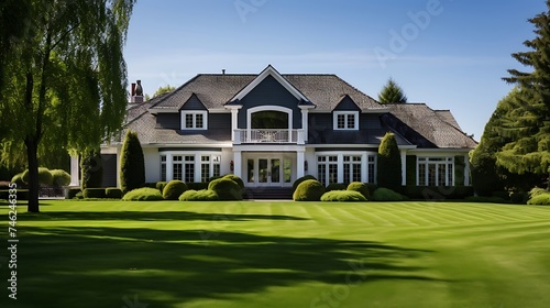 facade of home with manicured lawn and backdrop of trees and dark blue sky