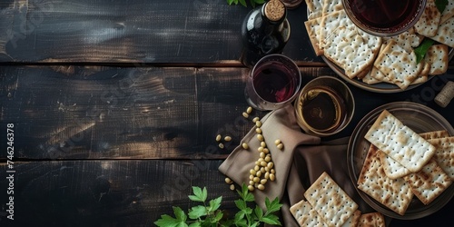 Passover holiday concept celebration with wine and matzo 