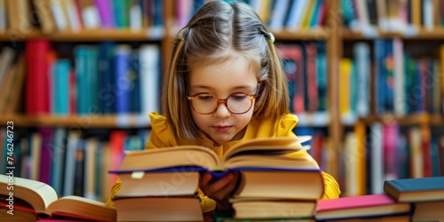 little girl wearing glass reading book in library, world book day concept 