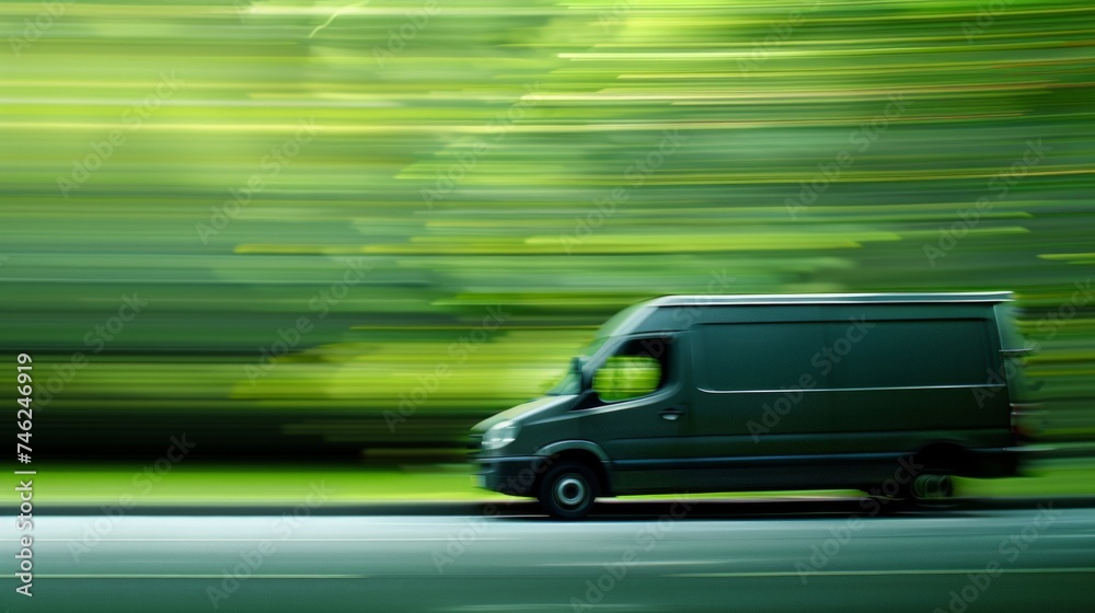 A delivery van moves at high speed on a scenic country road, representing fast and efficient service.