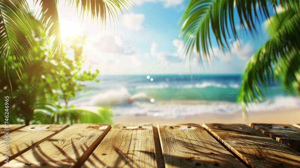 Sunny tropical beachscape viewed from a weathered wooden deck, palm leaves in the foreground.