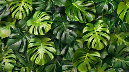 A full frame of lush monstera leaves, showcasing various shades of green and natural patterns.