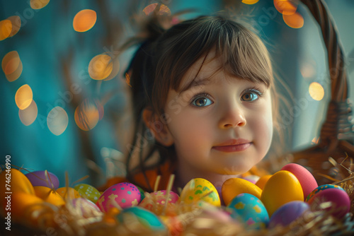 Little Girl with Colorful Easter Eggs in Basket