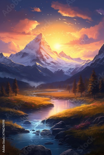 Mountains under mist during sunset. Scenic image of fairy-tale Landscape with Pink rhododendron flowers and colorful sky under sunlit, over the Majestic Rocky Peacks. Picture of wild area.