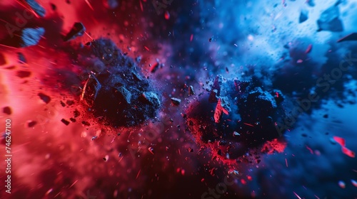 High-speed capture of a vibrant red and blue collision with dynamic particles flying.