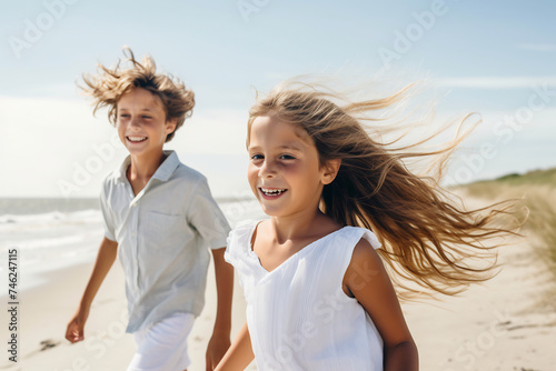 Joyful Children Running on the Beach with Hair Blowing in the Wind. Carefree Summer Vacation Concept