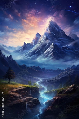 Mountains under mist during sunset. Scenic image of fairy-tale Landscape with Pink rhododendron flowers and colorful sky under sunlit, over the Majestic Rocky Peacks. Picture of wild area.