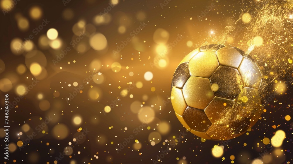 Fototapeta premium A single golden soccer ball flying with a sparkling dust trail on a bokeh light background.
