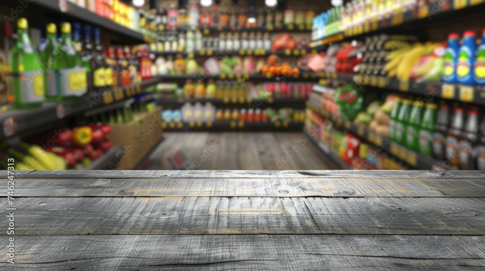 A wood textured surface with a defocused view of a vibrant supermarket aisle behind it.