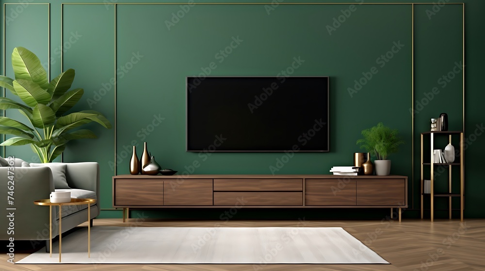 Living room with cabinet for tv on dark green color wall background