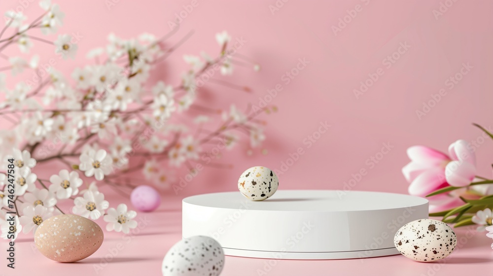 Abstract empty white podium with Easter quail eggs and spring flowers on pink background