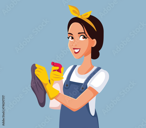 Happy Housekeeper Holding Detergent Spray and a Rag Vector Illustration. Lady working as housekeeper keeping everything tidy and clean 
