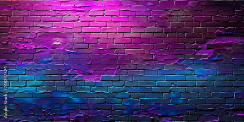  a purple and blue neon brick wall with lights, banner brick wall texture design 