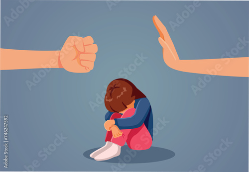 Stop Violence Against Children Vector Manifest Poster Illustration. Mother fighting against domestic violence keeping her kids safe
