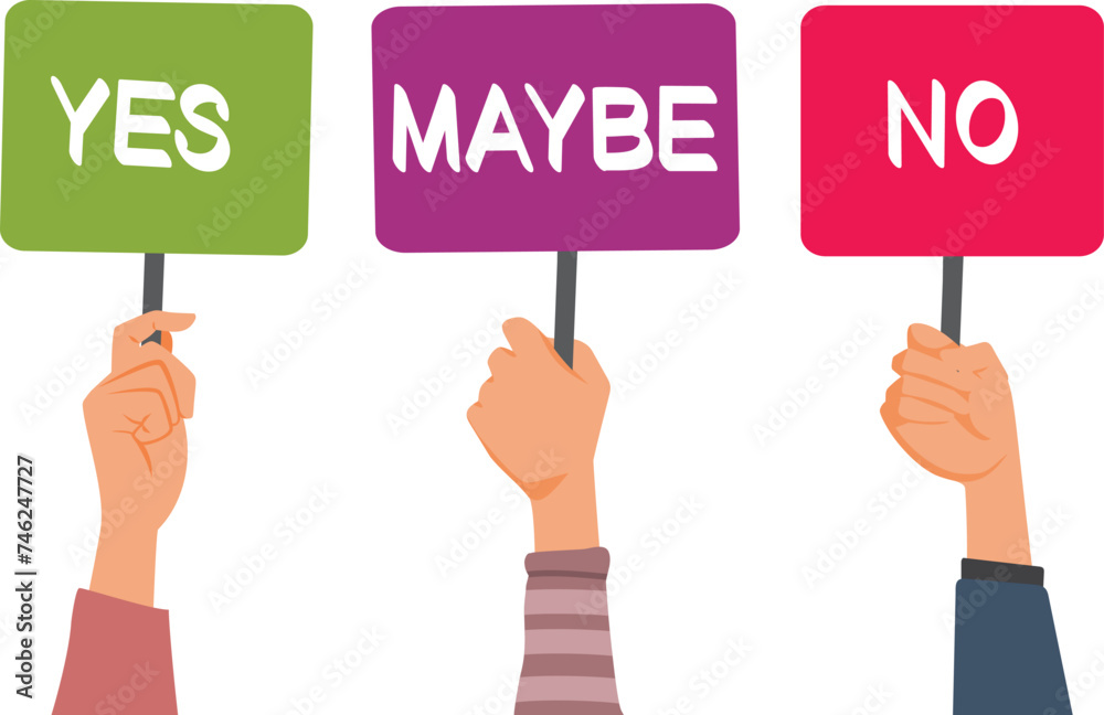 Hands Holding Yes, No and Maybe Signs Vector cartoon Illustration. Different people having mixed opinions on the same subject topic
Hands Holding Yes, No and Maybe Signs Vector cartoon Illustration. Different people having mixed opinions on the same subject topic