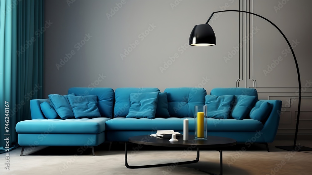Modern interior of living room with blue corner sofa coffee tables ...