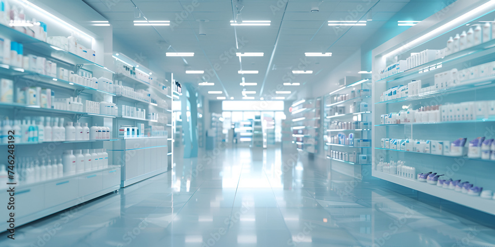 , A pharmacy store. Pharmacist and medicine concept. Blurred background. hospital pharmacy, showcasing the shelves stocked with medications, the compounding area, and the diligent work of pharmacists 
