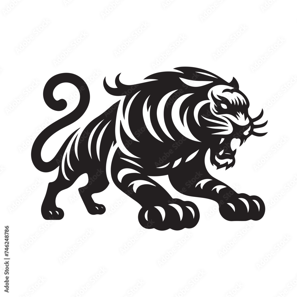 Silhouettes and icons of fierce tiger isolated on white background