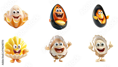 Set of six cartoon character seashells with various facial expressions, isolated on a transparent background, ideal for marine or beach-themed designs and children's educational material