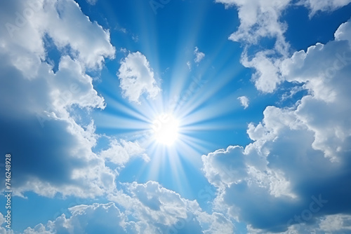 Radiant Sun Over Fluffy Cumulus Clouds. Optimism and Clarity Sky Concept
